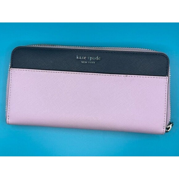 KATE SPADE Cameron LG Continental Wallet Lilac Saffiano Blue Leather Silver Logo - Picture 1 of 4